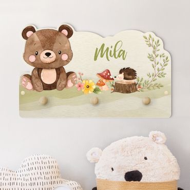 Wandkapstokken voor kinderen Watercolour Forest Animal Bear With Customised Name