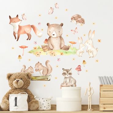 Muurstickers - Watercolour forest animals with butterflies and flowers