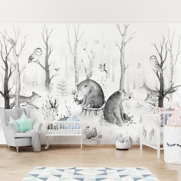 Fotobehang Watercolour Forest Animal Friends Black And White