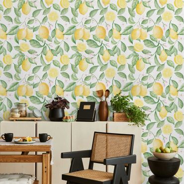 Fotobehang - Watercolour Lemon and Blossom Pattern