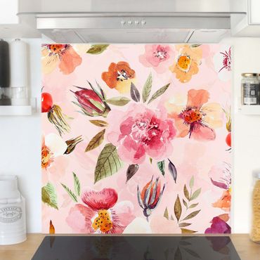 Spatscherm keuken Watercolour Flowers On Light Pink