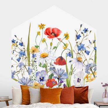 Hexagon Behang Watercolour Flower Meadow With Poppies