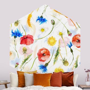 Hexagon Behang Watercolour Wild Flowers With Poppies