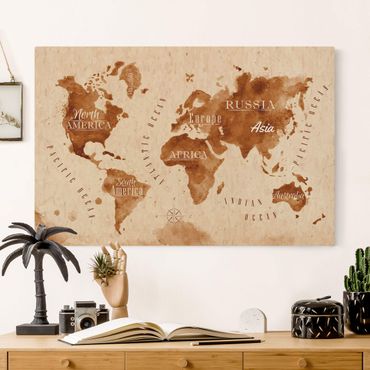 Natuurlijk canvas schilderijen Watercolour Look World Map Beige Brown