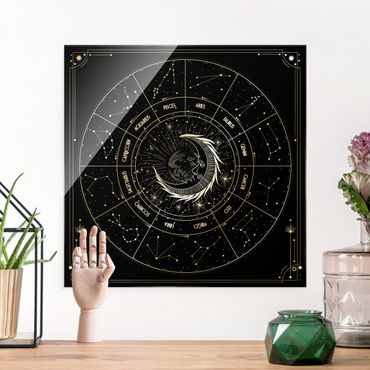 Glasschilderijen Astrology Moon And Zodiac Signs Black