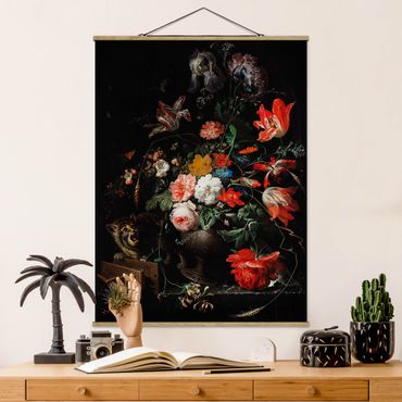 Stoffen schilderij met posterlijst Abraham Mignon - The Overturned Bouquet