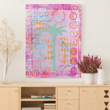 Canvas schilderijen Colourful Collage - Bon Voyage With Palm Tree