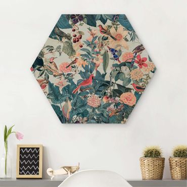 Hexagons houten schilderijen Vintage Collage - Bird Garden