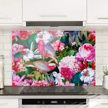Spatscherm keuken Bunte Tropische Blumen mit Vögeln Pink