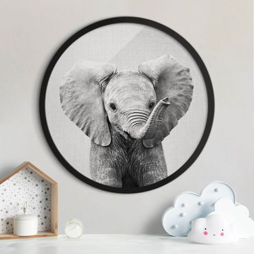 Rond schilderijen Baby Elephant Elsa Black And White