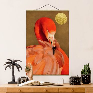 Stoffen schilderij met posterlijst Golden Moon With Flamingo