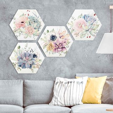 Hexagons Forex schilderijen - 4-delig Watercolour Flower Cottage