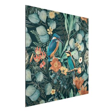 Aluminium Dibond schilderijen Floral Paradise Kingfisher And Hummingbird