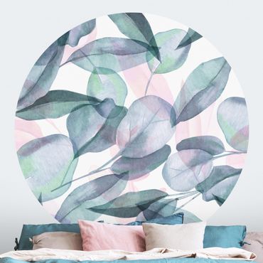 Behangcirkel Blue And Pink Eucalyptus Leaves Watercolour