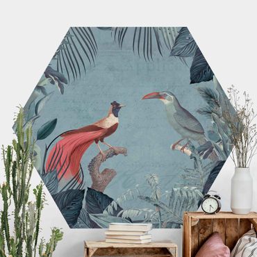 Hexagon Behang Blue Gray Paradise With Tropical Birds
