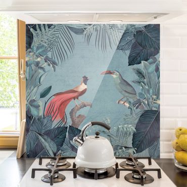 Spatscherm keuken Blue Gray Paradise With Tropical Birds