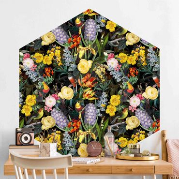 Hexagon Behang Flowers With Colourful Tropical Birds