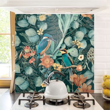 Spatscherm keuken Floral Paradise Kingfisher And Hummingbird