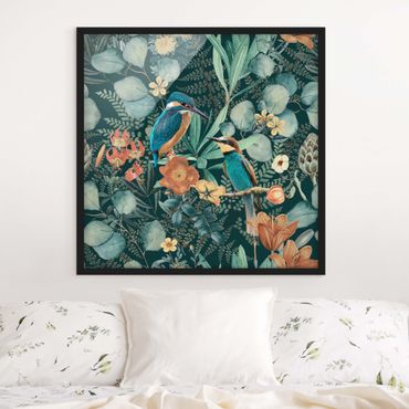 Ingelijste posters Floral Paradise Kingfisher And Hummingbird