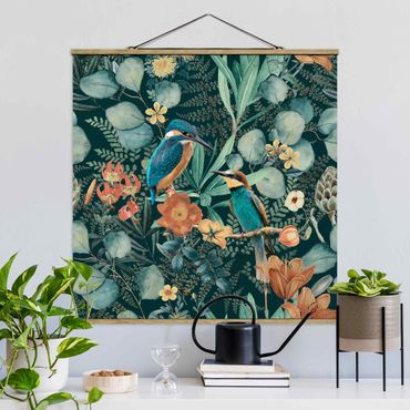Stoffen schilderij met posterlijst Floral Paradise Kingfisher And Hummingbird