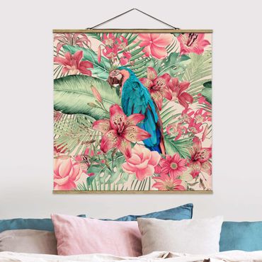 Stoffen schilderij met posterlijst Floral Paradise Tropical Parrot