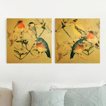 Canvas schilderijen - 2-delig  Clolourful Birds On The Branch Of A Magnolia Set