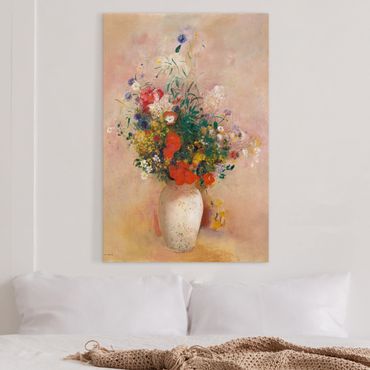 Canvas schilderijen Odilon Redon - Vase With Flowers (Rose-Colored Background)