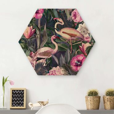 Hexagons houten schilderijen Colorful Collage - Pink Flamingos In The Jungle