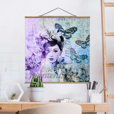 Stoffen schilderij met posterlijst Shabby Chic Collage - Portrait With Butterflies