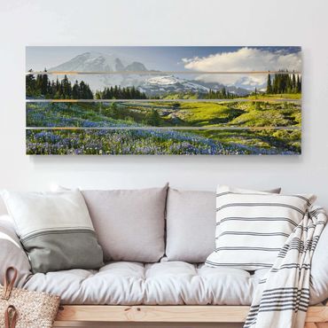 Houten schilderijen op plank - Mountain Meadow With Blue Flowers in Front of Mt. Rainier