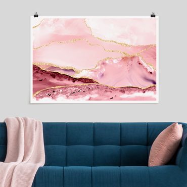 Posters Abstract Mountains Pink With Golden Lines