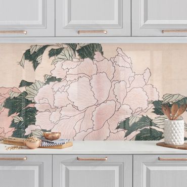 Keukenachterwanden Katsushika Hokusai - Pink Peonies With Butterfly