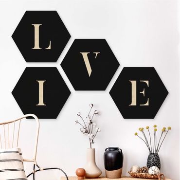Hexagons houten schilderijen - 4-delig Letters LIVE White Set II