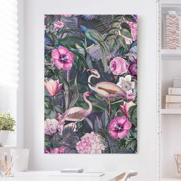 Canvas schilderijen Colourful Collage - Pink Flamingos In The Jungle