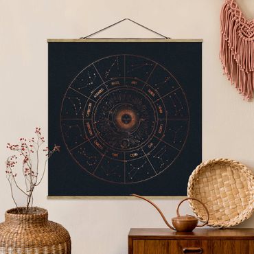 Stoffen schilderij met posterlijst Astrology The 12 Zodiak Signs Blue Gold