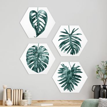 Hexagons Forex schilderijen - 4-delig Emerald Green Leaves Set I