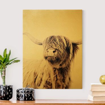 Canvas schilderijen - Goud Highland Cattle Frida In Beige