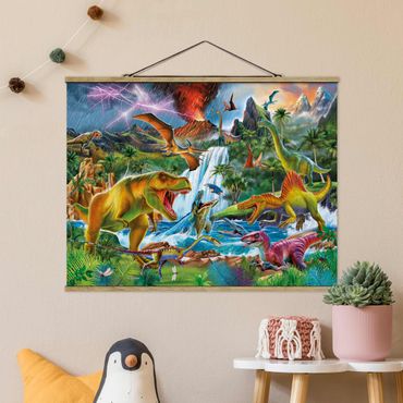 Stoffen schilderij met posterlijst Dinosaurs In A Prehistoric Storm