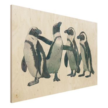 Houten schilderijen Illustration Penguins Black And White Watercolour