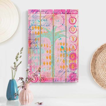 Houten schilderijen op plank Colourful Collage - Bon Voyage With Palm Tree