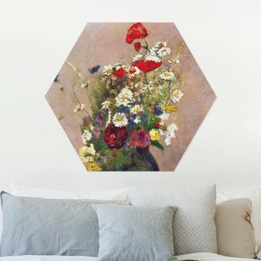 Hexagons Aluminium Dibond schilderijen Odilon Redon - Flower Vase with Poppies