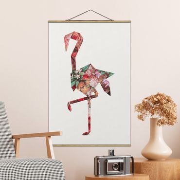 Stoffen schilderij met posterlijst Origami Flamingo
