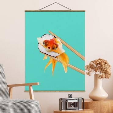 Stoffen schilderij met posterlijst Sushi With Goldfish
