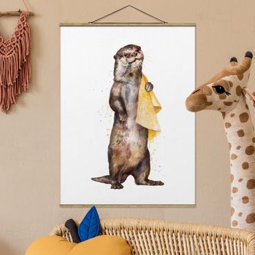 Stoffen schilderij met posterlijst Illustration Otter With Towel Painting White