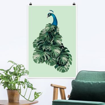 Posters Peacock With Monstera Leaves