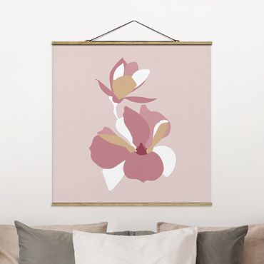Stoffen schilderij met posterlijst Line Art Flowers Pastel Pink