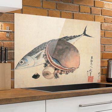 Spatscherm keuken Katsushika Hokusai - Mackerel And Sea Shells