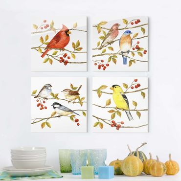 Glasschilderijen - 4-delig Birds And Berries Set II