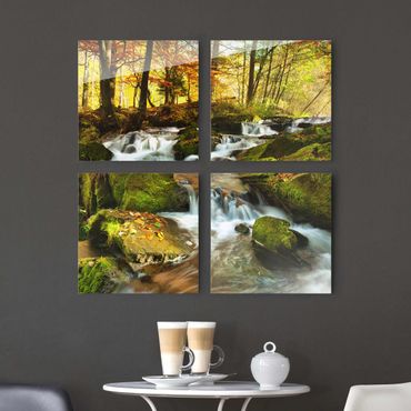 Glasschilderijen - 4-delig Waterfall Autumnal Forest