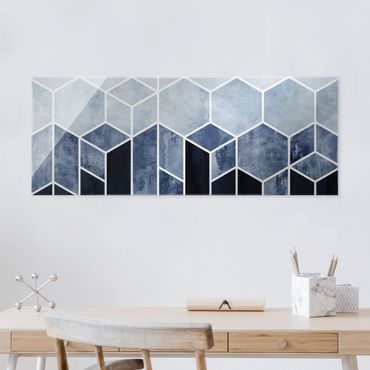 Glasschilderijen Golden Geometry - Hexagons Blue White